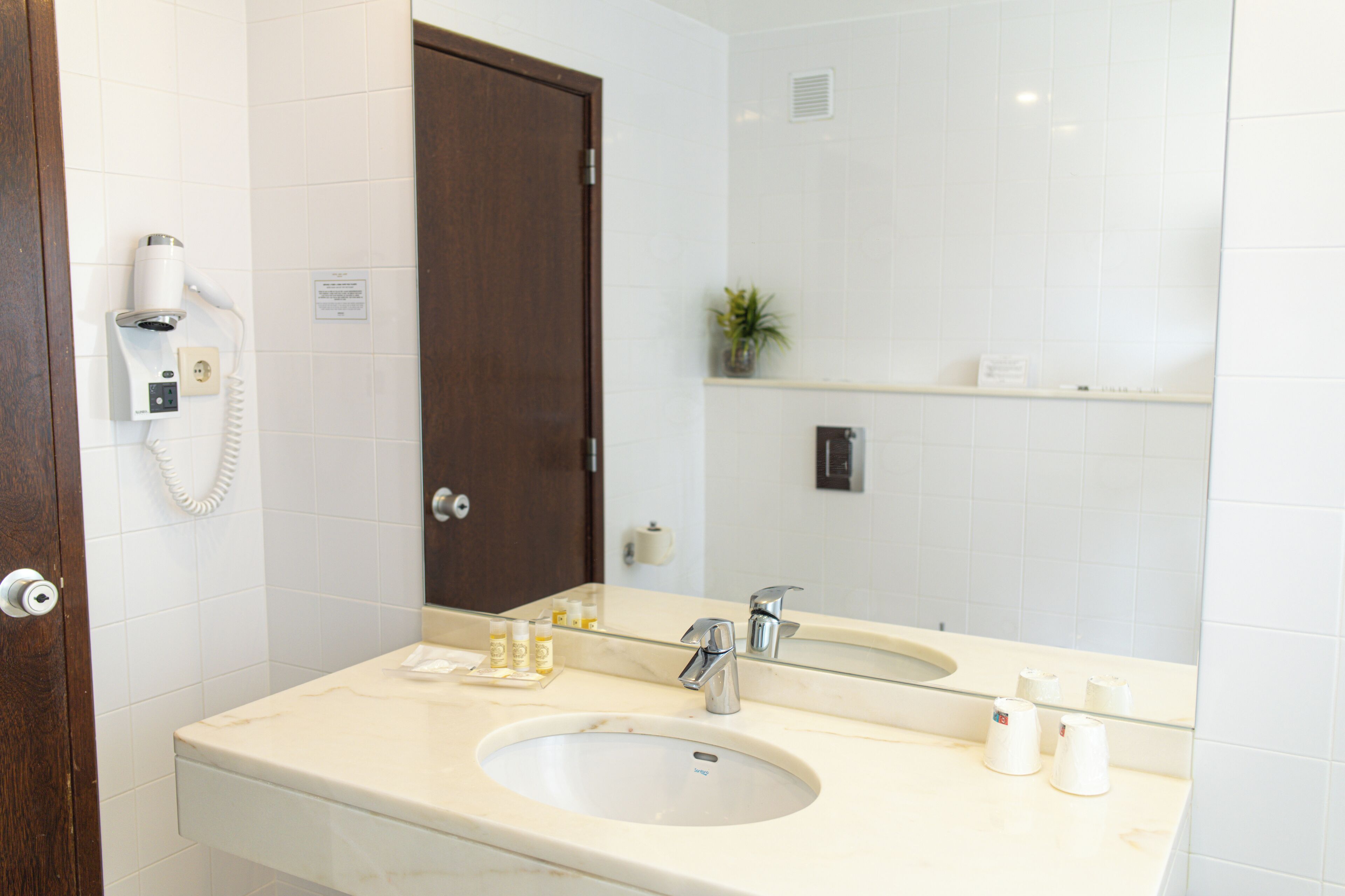 A bathroom with a white sink, a mirror, a hairdryer, and a shelf with toiletries.