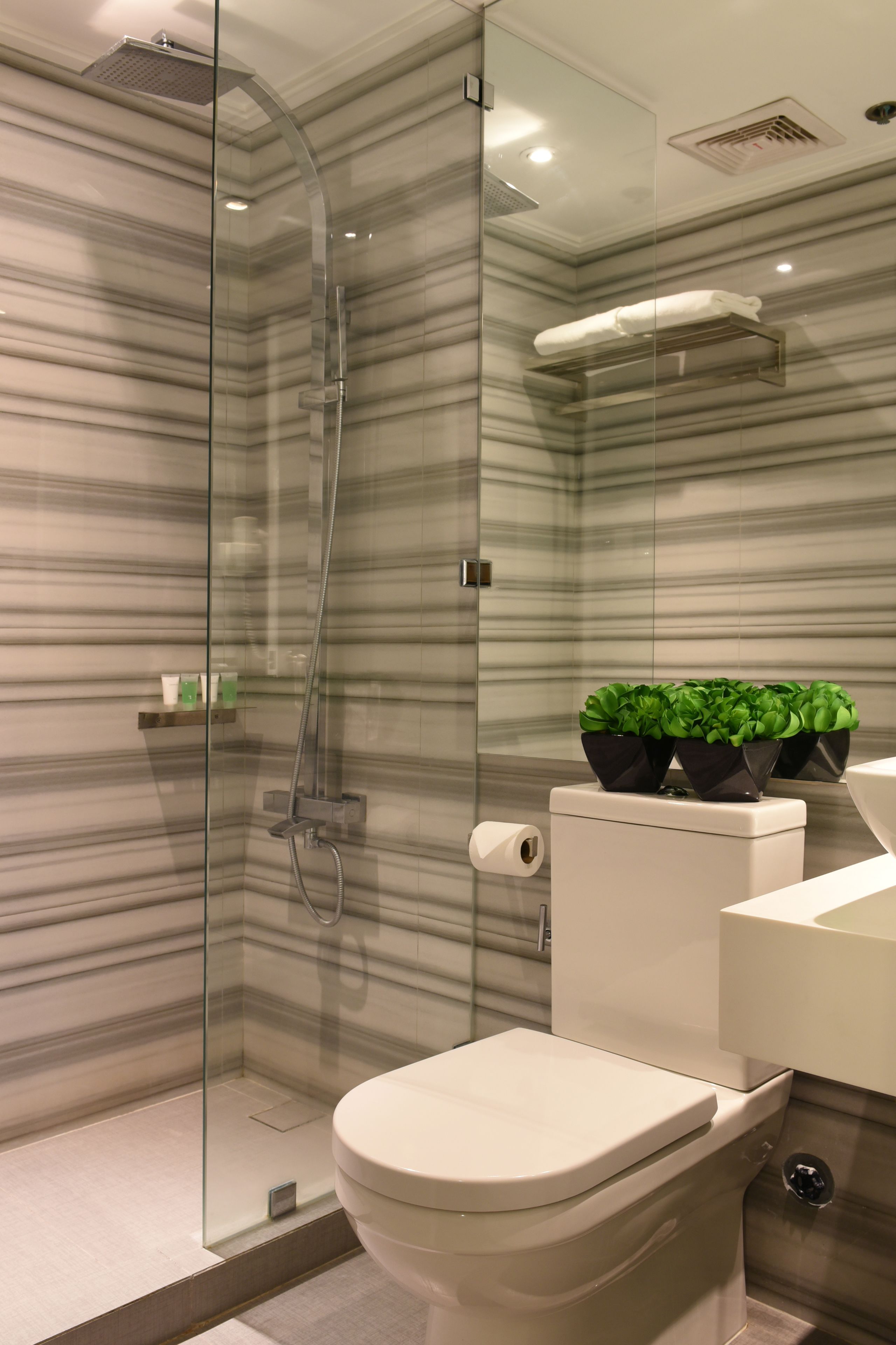 A modern bathroom with a glass-enclosed shower, a toilet, and a sink.