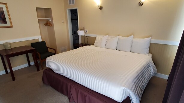 Habitación de hotel con una cama grande, una mesita de noche, una silla y un armario.