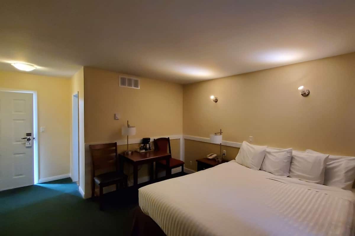 A hotel room with a bed, a desk, a chair, a nightstand, and a lamp.