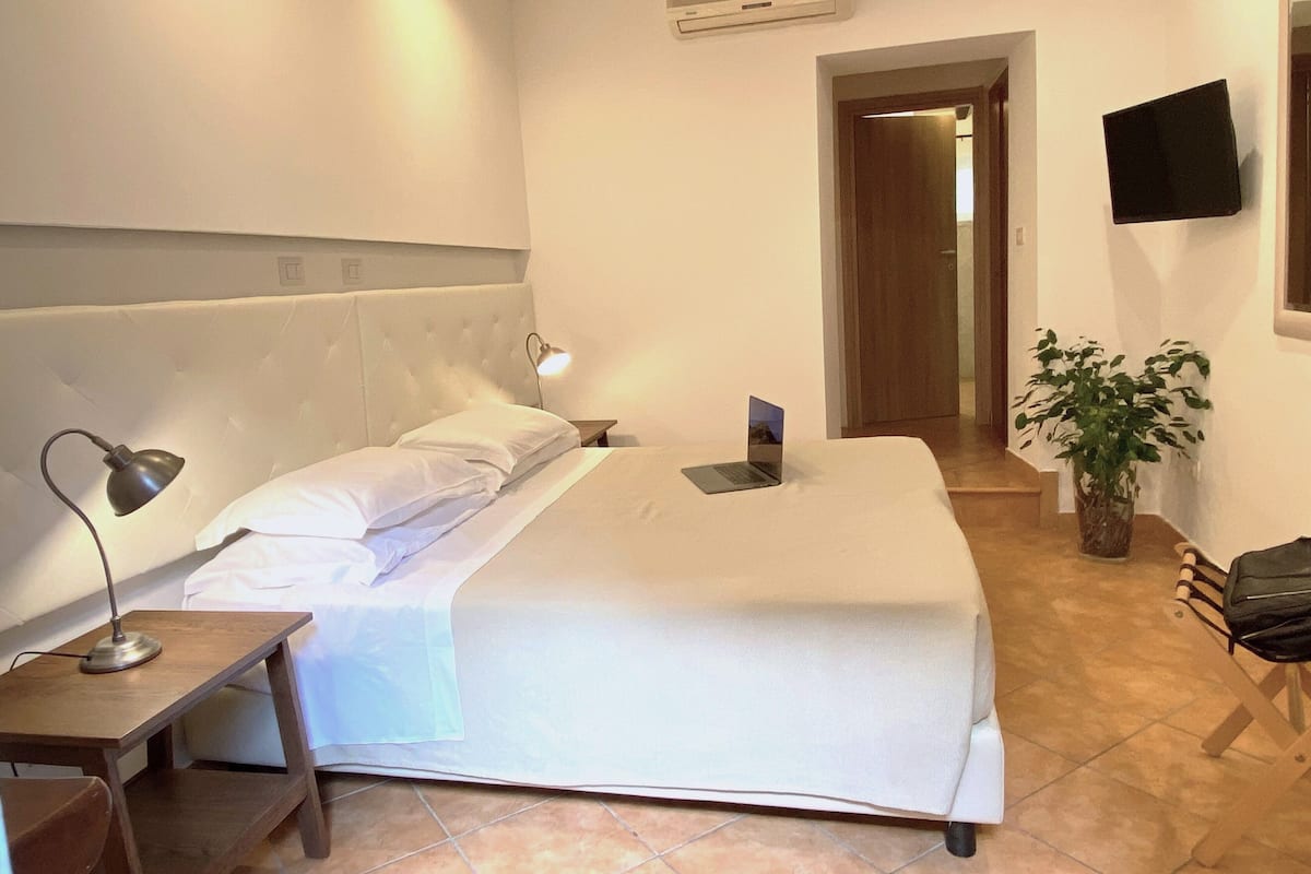 A hotel room with a bed, a desk with a lamp, a laptop, a TV, and a potted plant.