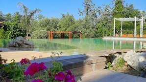 Una piscina cristalina con un muelle de madera y una pérgola al fondo.