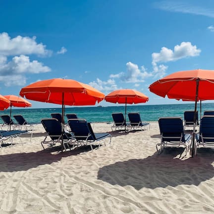 Beach nearby, sun loungers