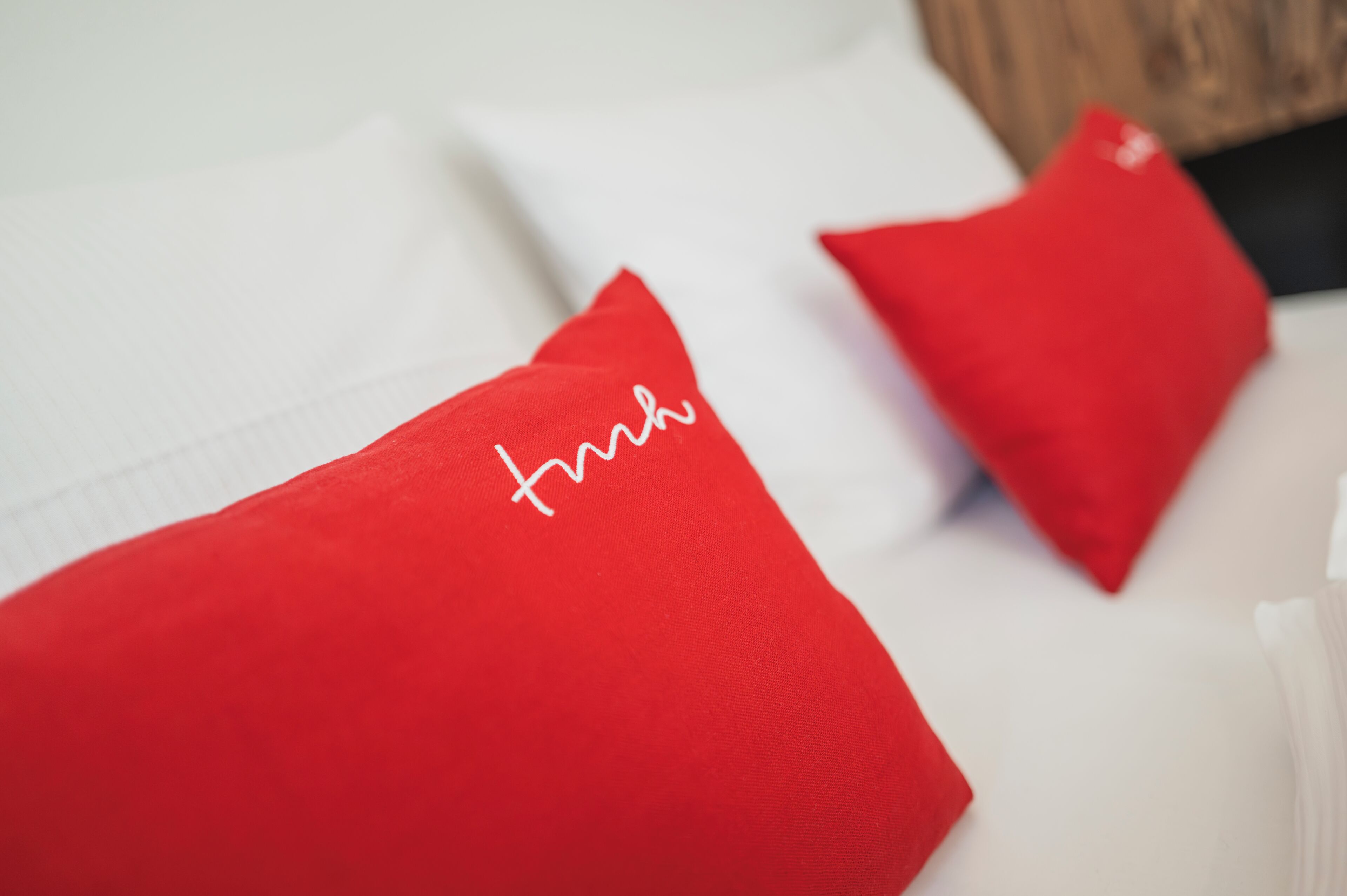 A close-up of a red pillow with the word 'truth' embroidered on it.
