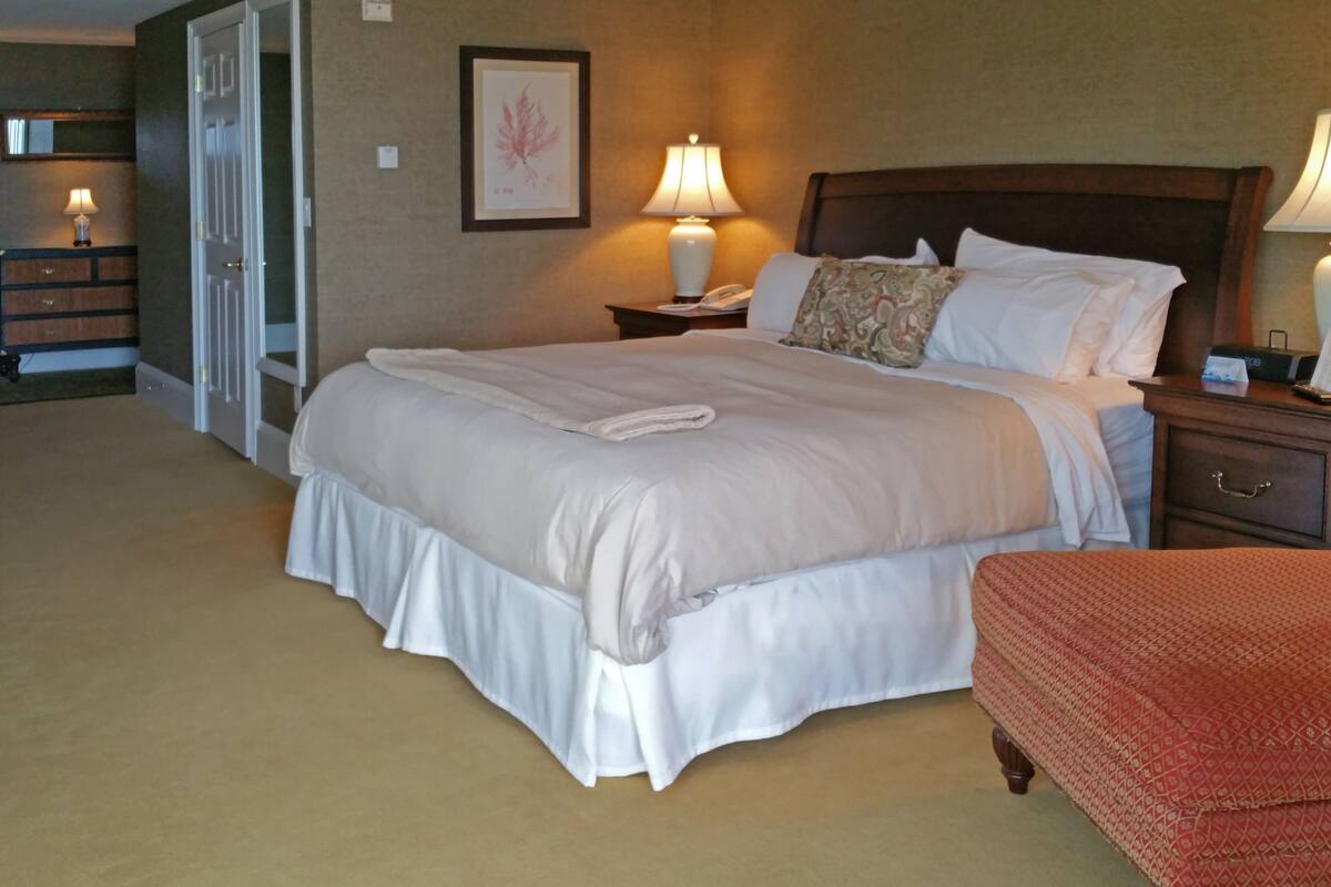 A hotel room with a large bed, two bedside tables with lamps, a nightstand, a dresser, and a door.