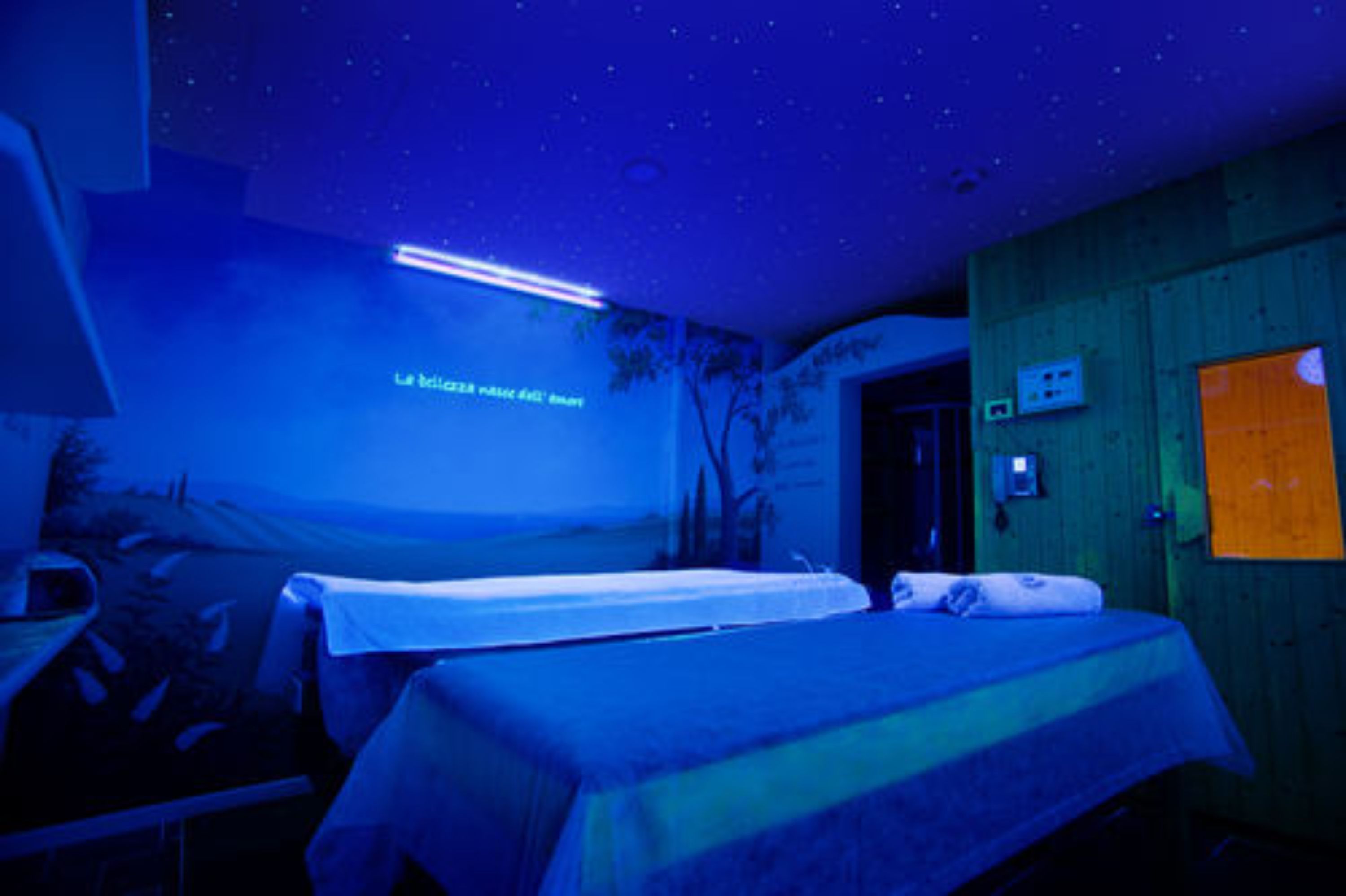 Une pièce comprenant un lit, un bureau et un projecteur mural.