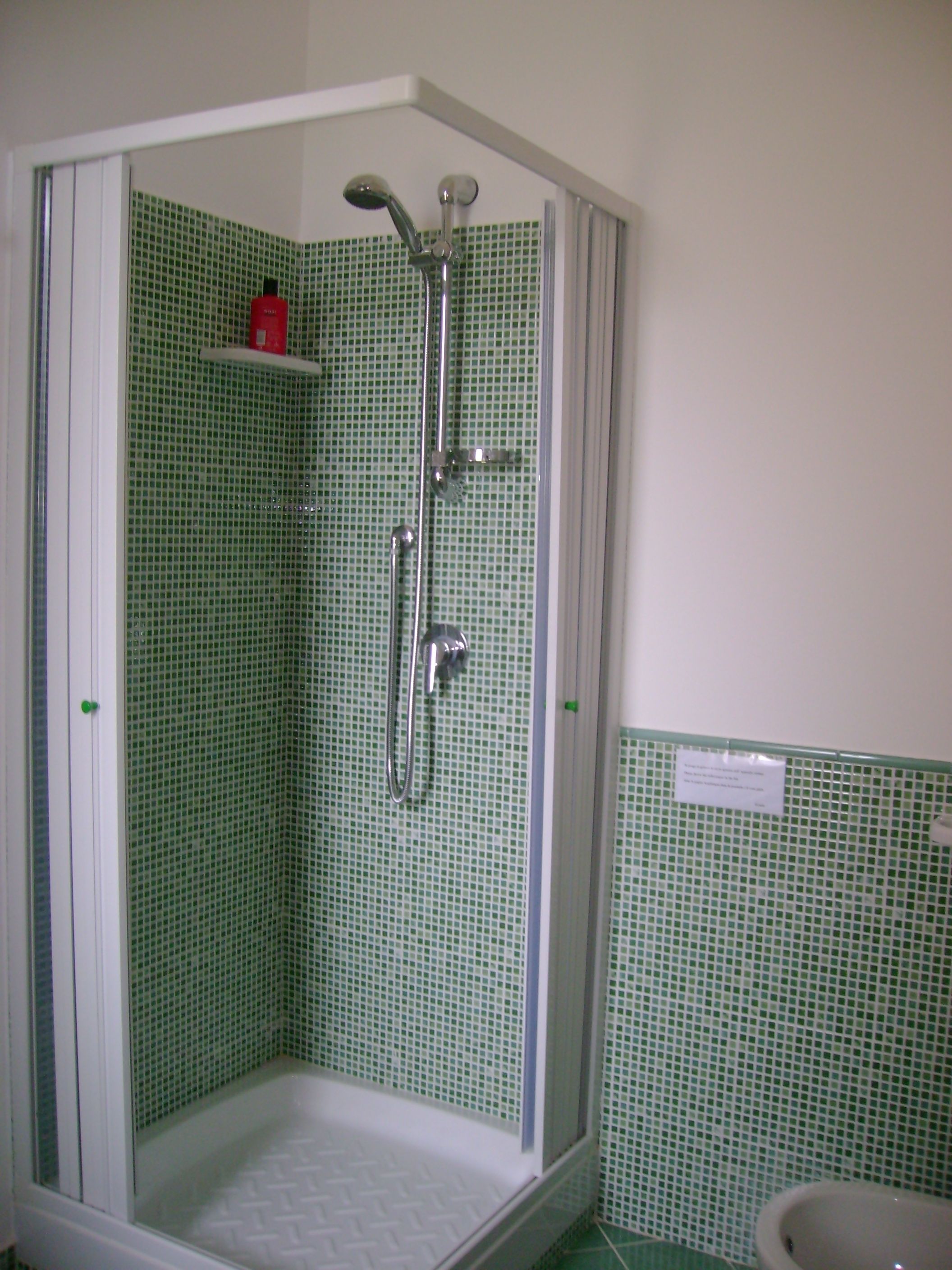 Una ducha con puerta de cristal y cabezal de ducha de mano.