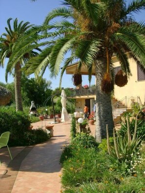 A pathway leading to a building surrounded by palm trees and greenery. - Villa dei Giardini (Agrigento)