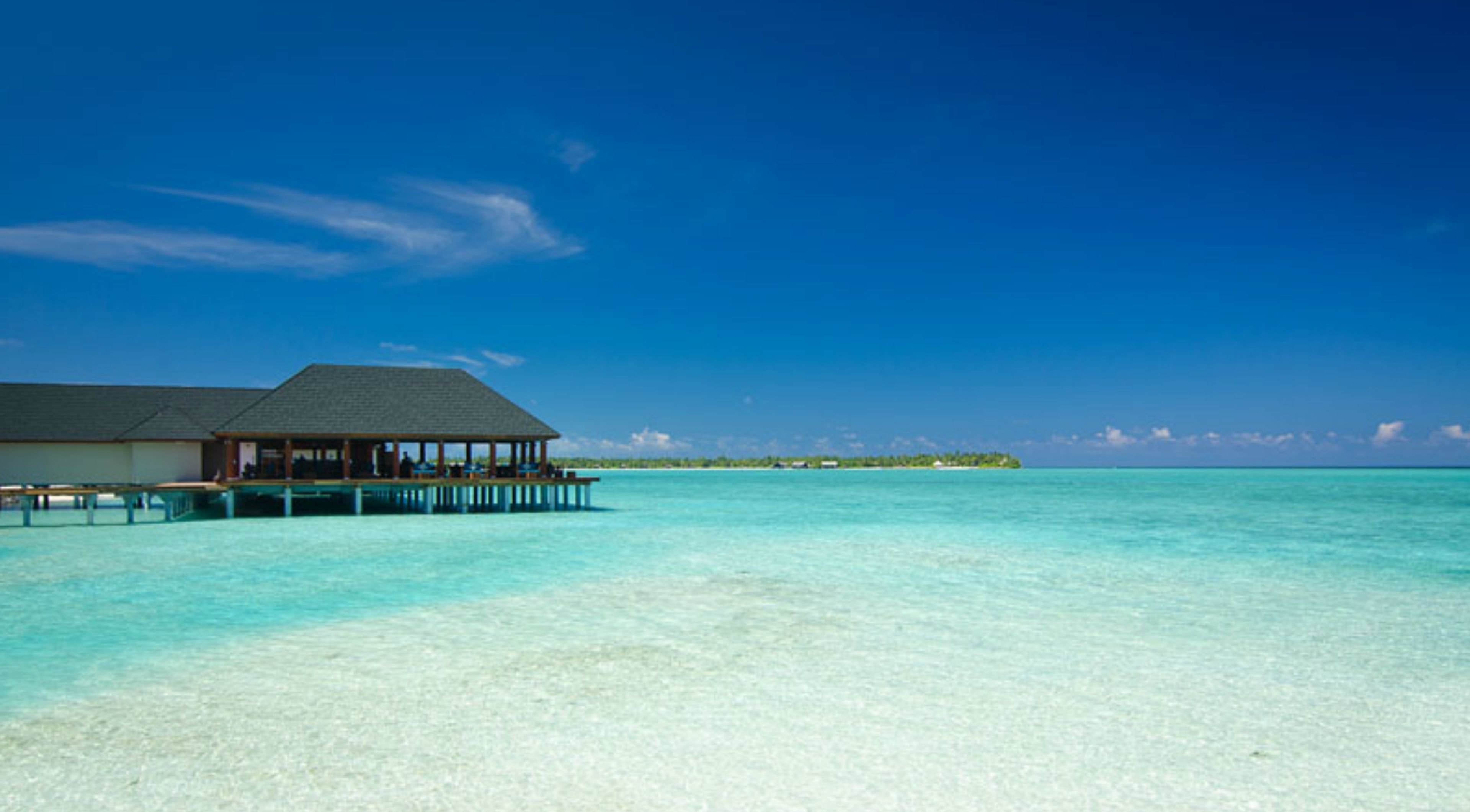 Un bungalow sull'acqua in spiaggia con una terrazza coperta e vista diretta sul mare turchese.