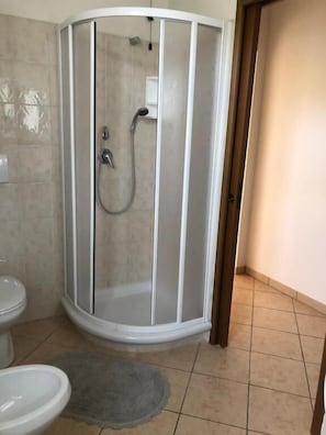 Shower, free toiletries, bidet, towels