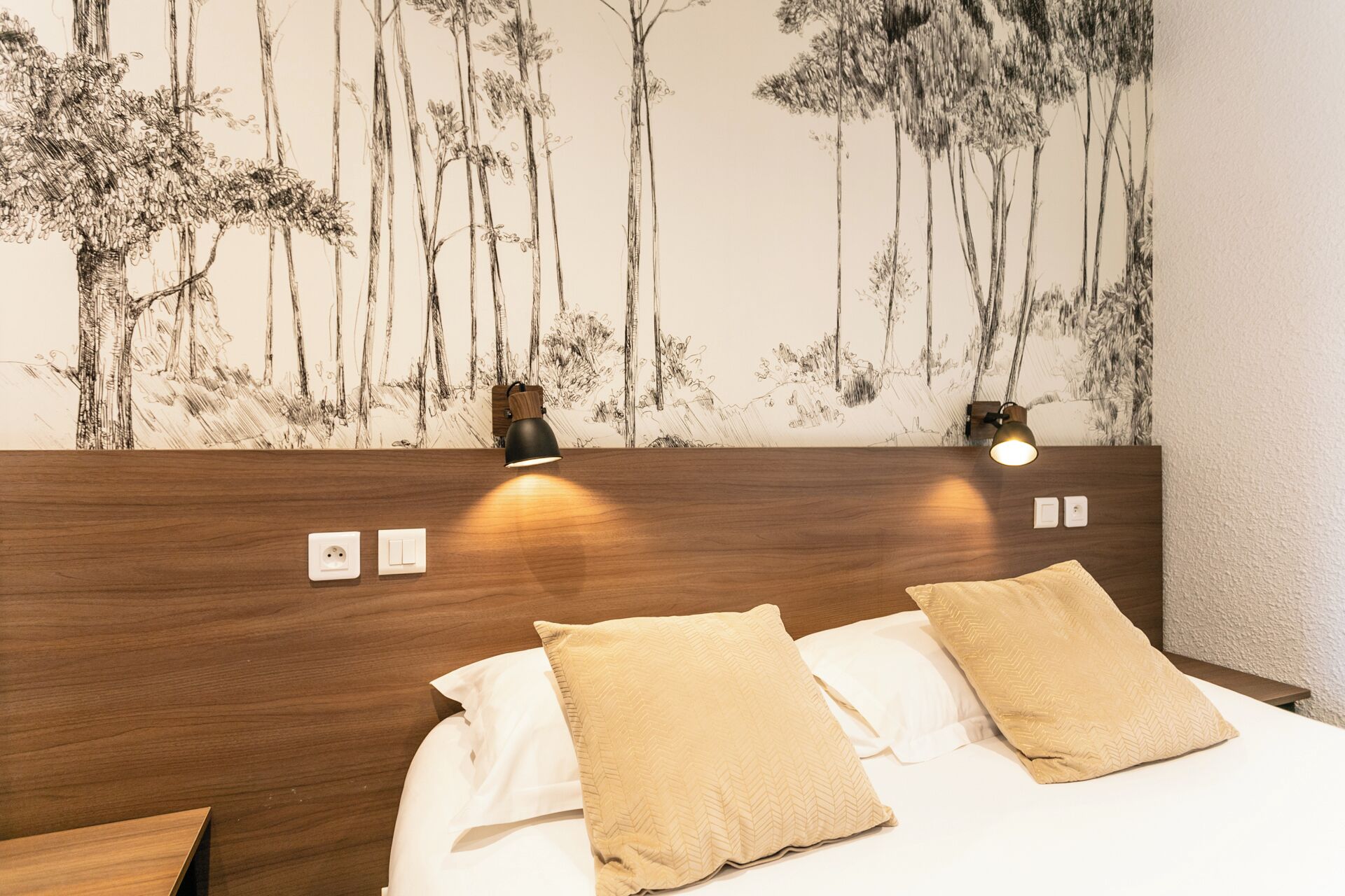 Habitación de hotel con una cama, dos almohadas, una mesita de noche, una lámpara de pared y un enchufe.