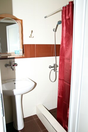 Shower, free toiletries, hair dryer, bathrobes