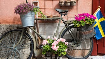 Una bicicleta antigua con canasta y alforjas, estacionada frente a una pared con una bandera sueca y una celosía metálica.
