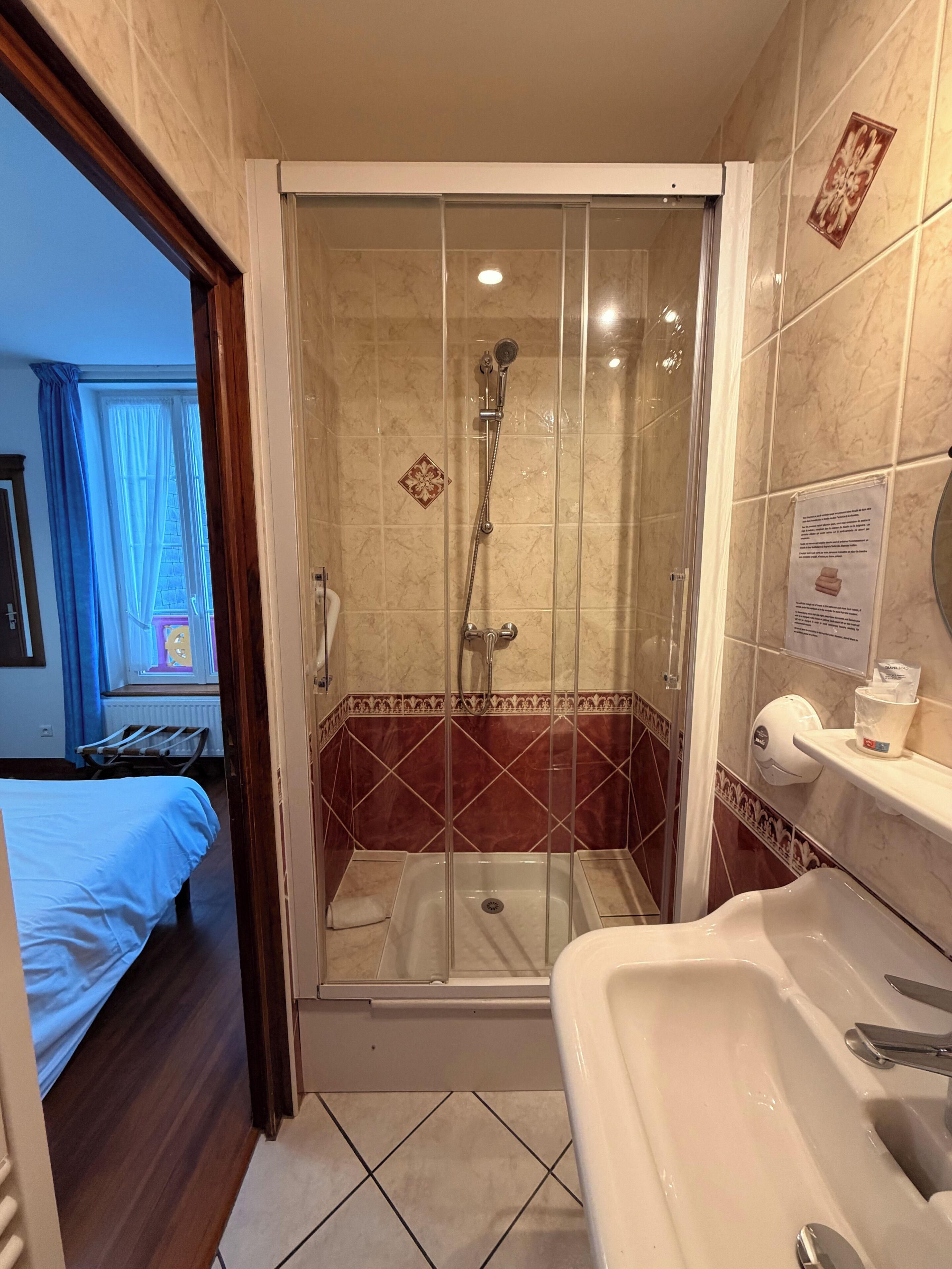 Une salle de bain d’hôtel avec une douche en verre, un lavabo blanc et un lit dans la pièce adjacente.
