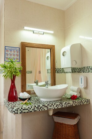 Bañera y ducha independientes, secador de pelo, batas, toallas