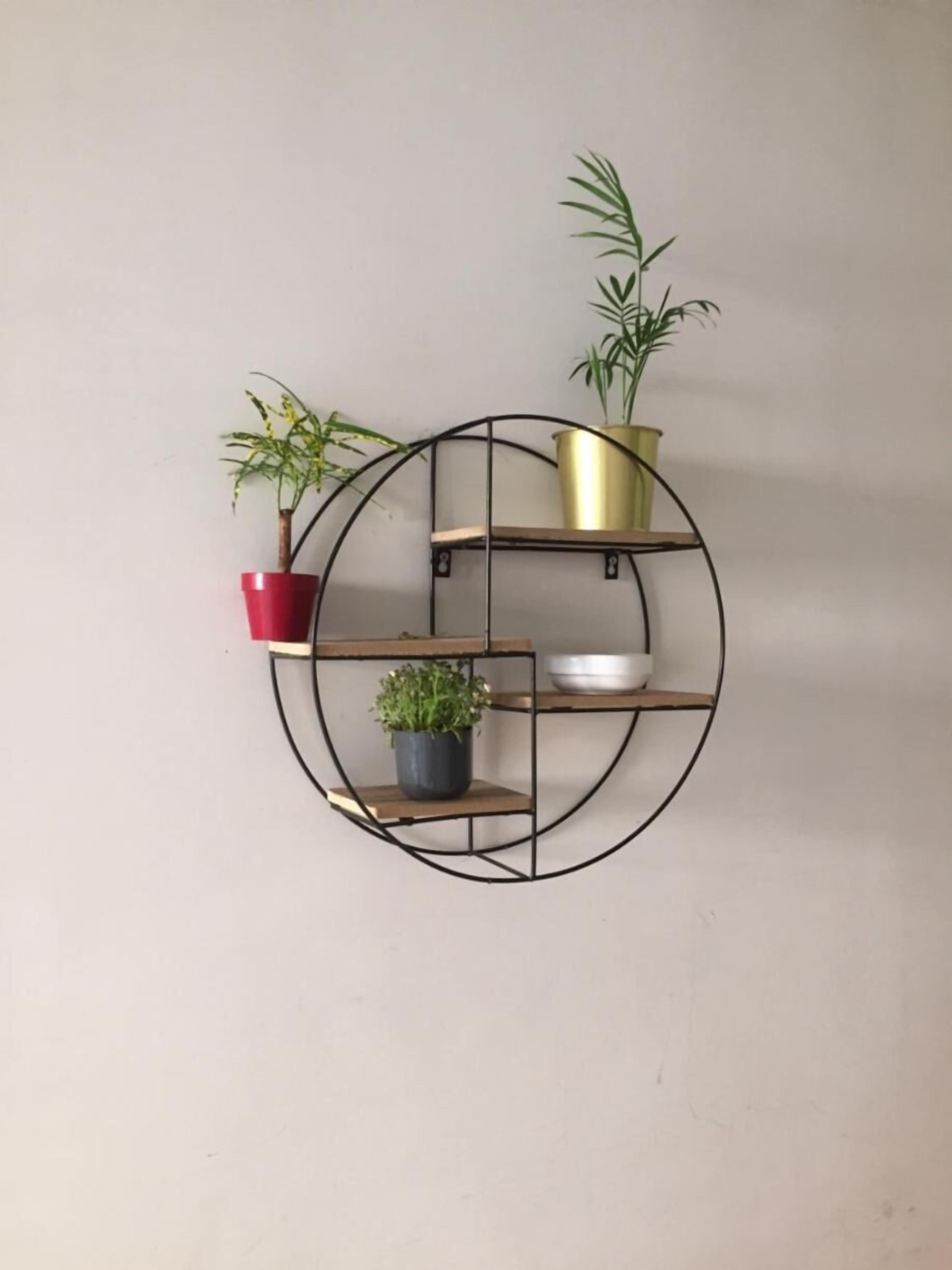 A circular metal shelf with three compartments, each holding a plant in a pot.
