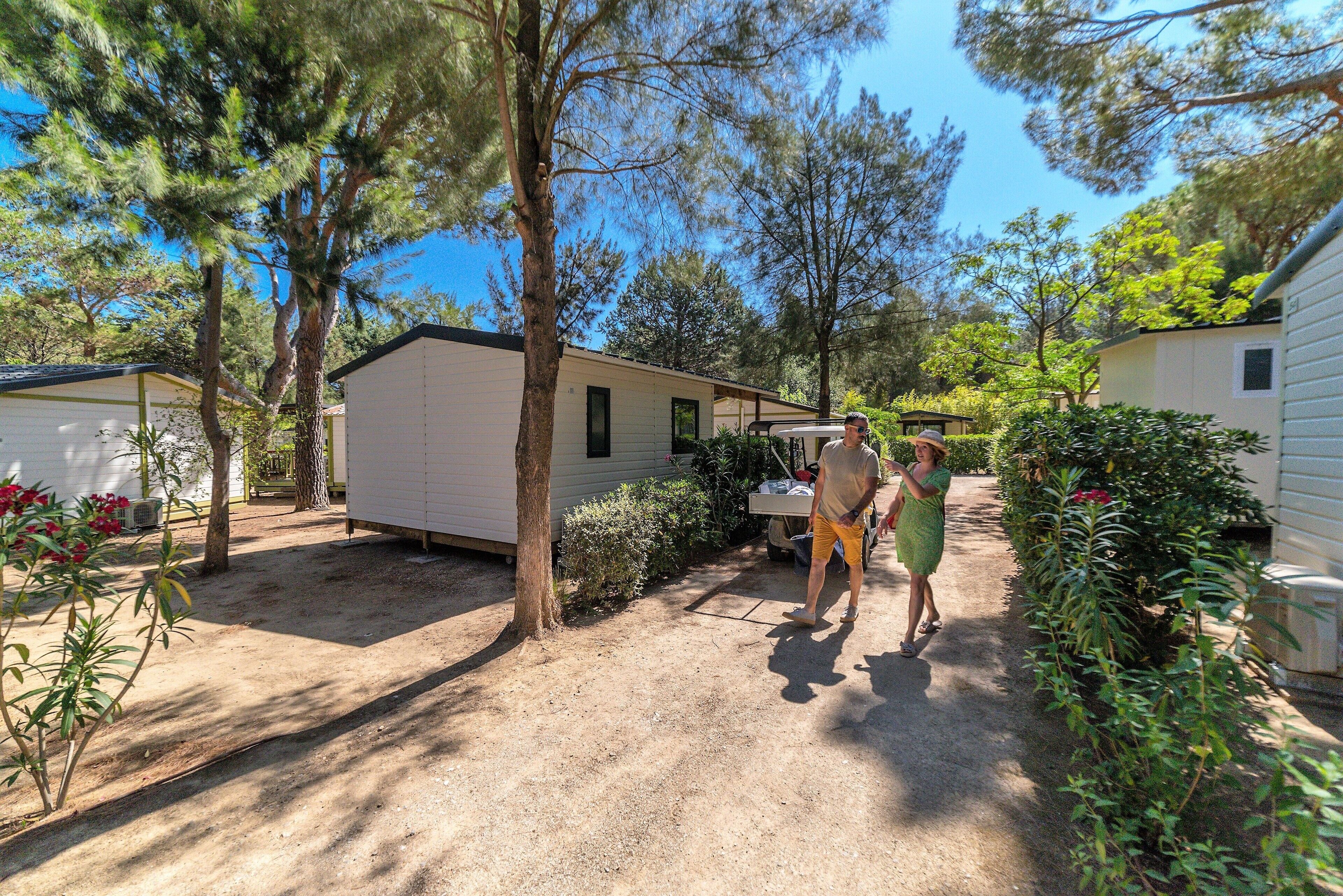 Une maison mobile avec une cour en terre et des arbres tout autour.