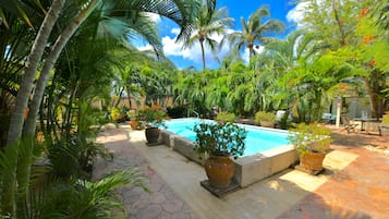 Piscina externa, guarda-sóis, espreguiçadeiras