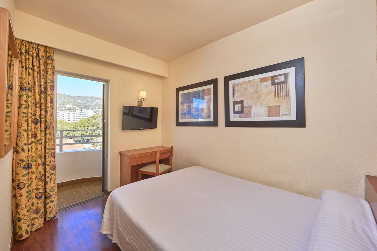 Een hotelkamer met een bed, een bureau, een stoel, een televisie en twee ingelijste foto’s aan de muur.