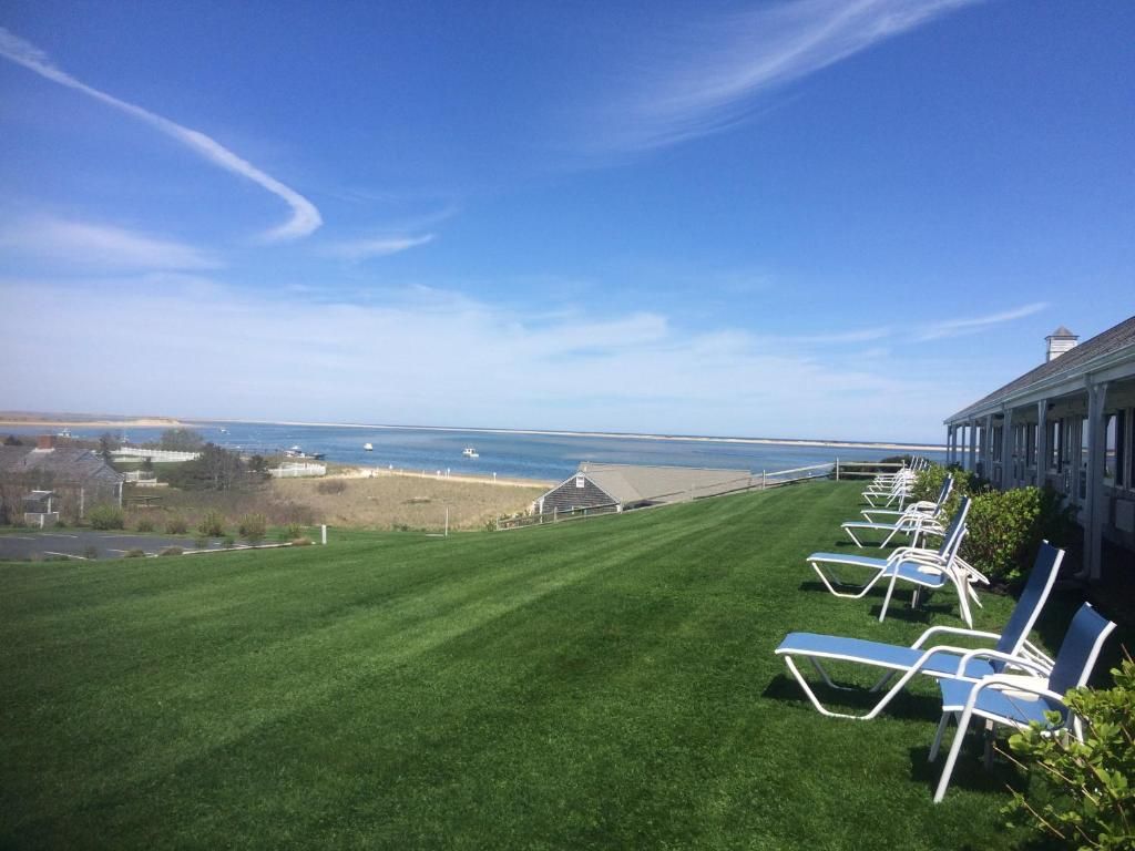 A grassy lawn with lounge chairs facing a body of water, a building with a balcony, and a clear sky.