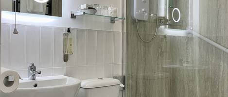 A modern bathroom with a glass-enclosed shower, a sink, a toilet, and a mirror with a built-in light.