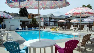 Seasonal outdoor pool, pool umbrellas, pool loungers