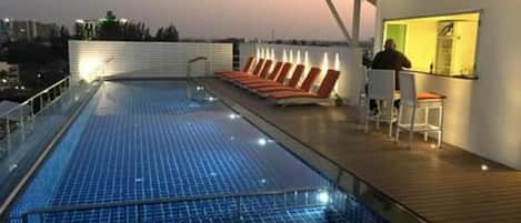 Indoor pool, outdoor pool, pool loungers