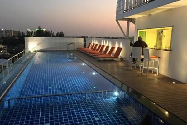 Indoor pool, outdoor pool, sun loungers