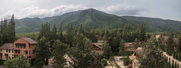Un resort con varias cabañas de madera rodeado de un bosque denso y montañas al fondo.
