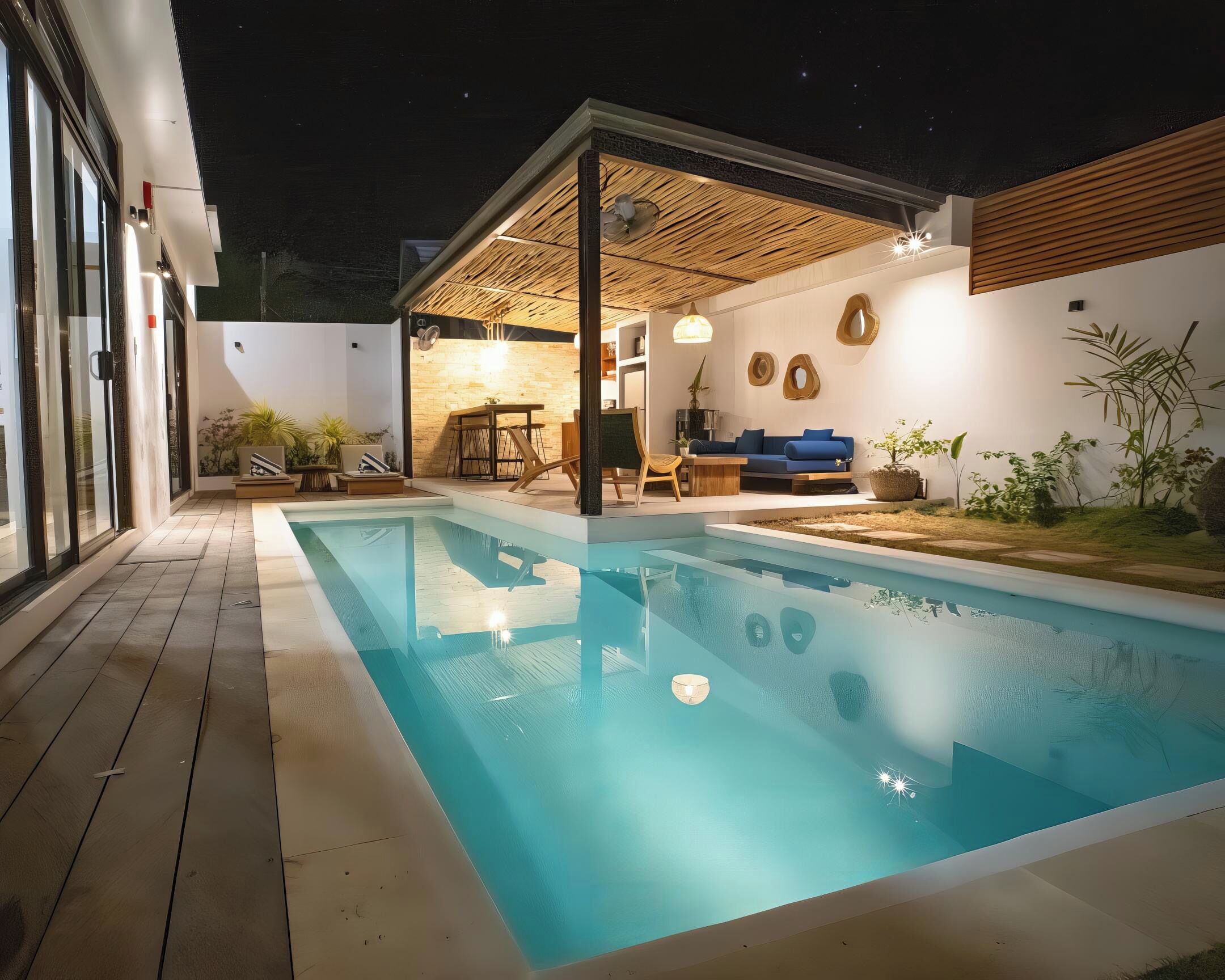 outdoor pool, pool umbrellas, pool loungers