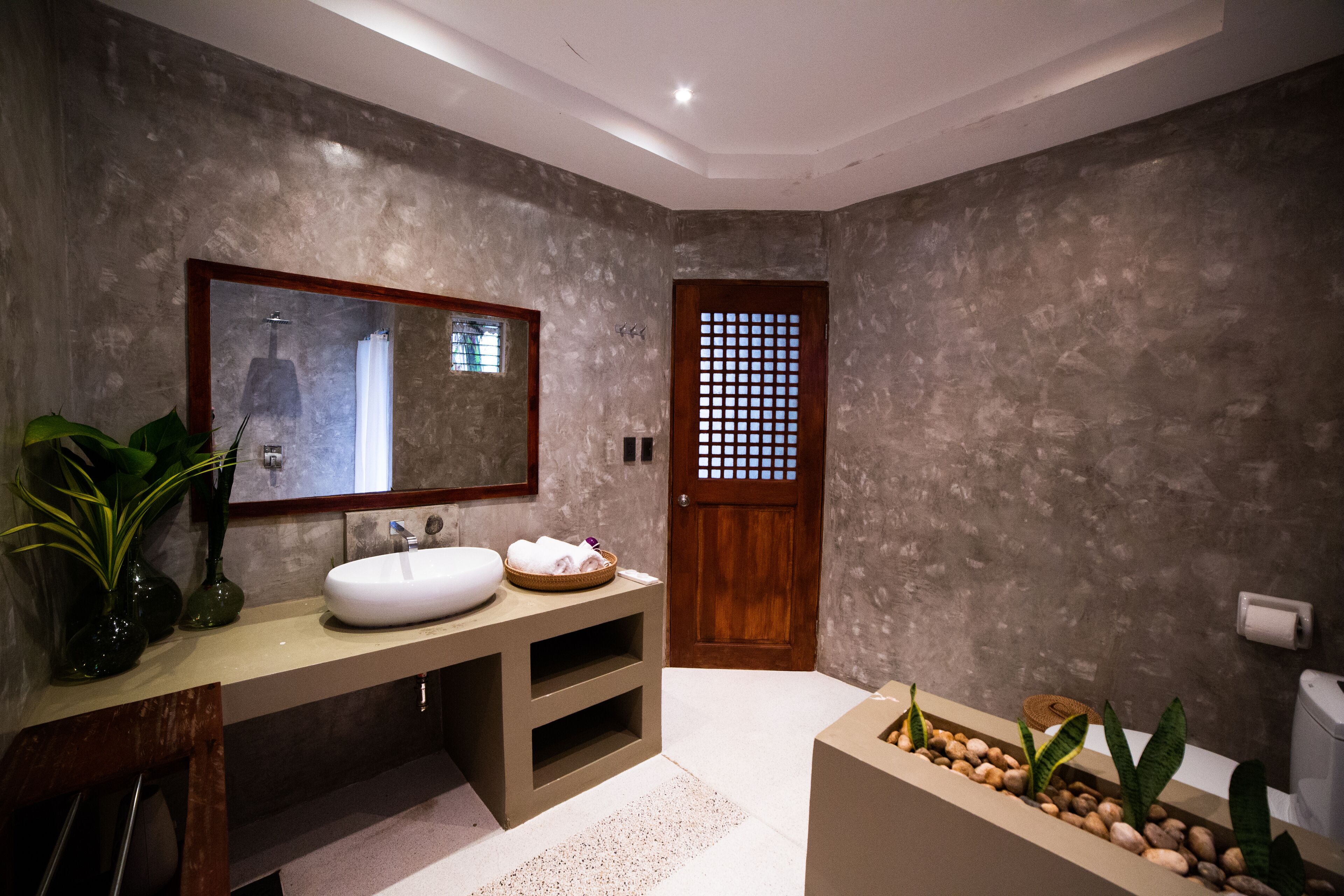 villa | bathroom | shower, rainfall showerhead, hair dryer, bathrobes
