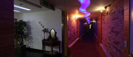 A hallway with a red carpet, brick walls, and a wooden door at the end.