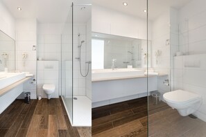 Douche, sèche-cheveux, serviettes fournies, savon