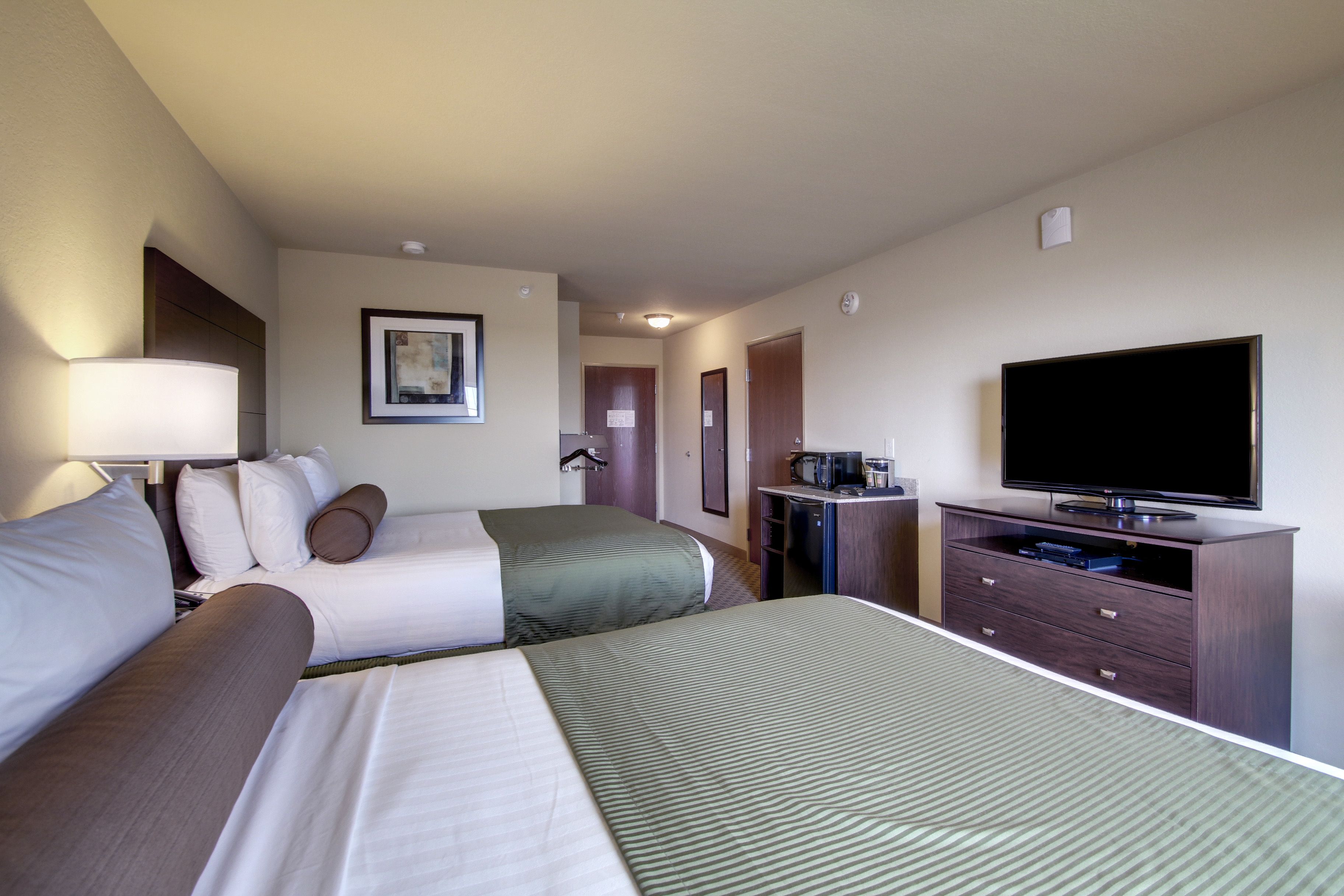 A hotel room with two beds, a television, a desk with a computer, and a framed picture on the wall.