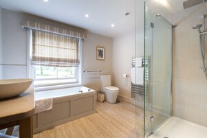Combined shower/bathtub, free toiletries, hair dryer, towels