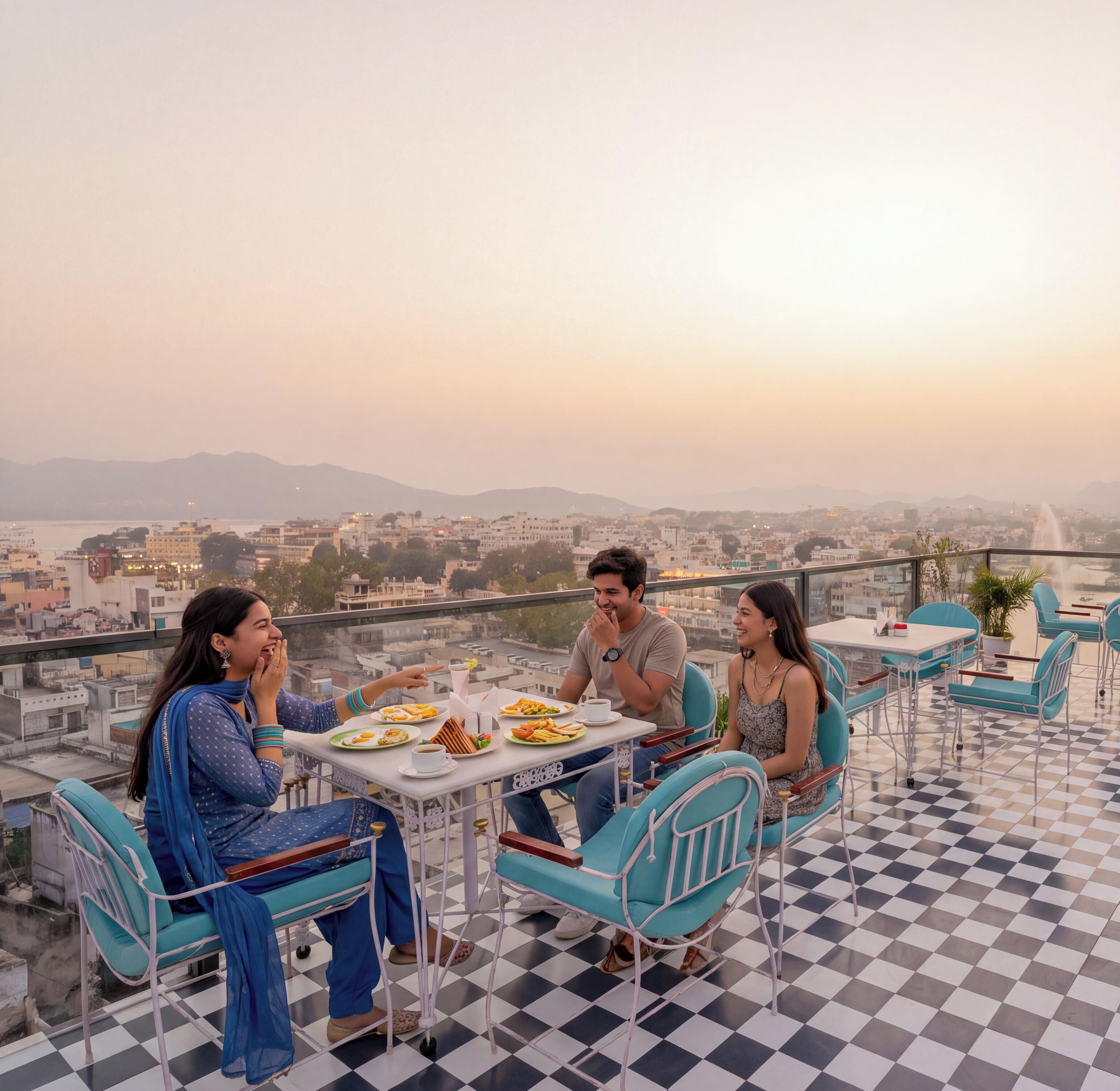 A terrace with a checkered floor, outdoor seating, and a table with food and drinks.