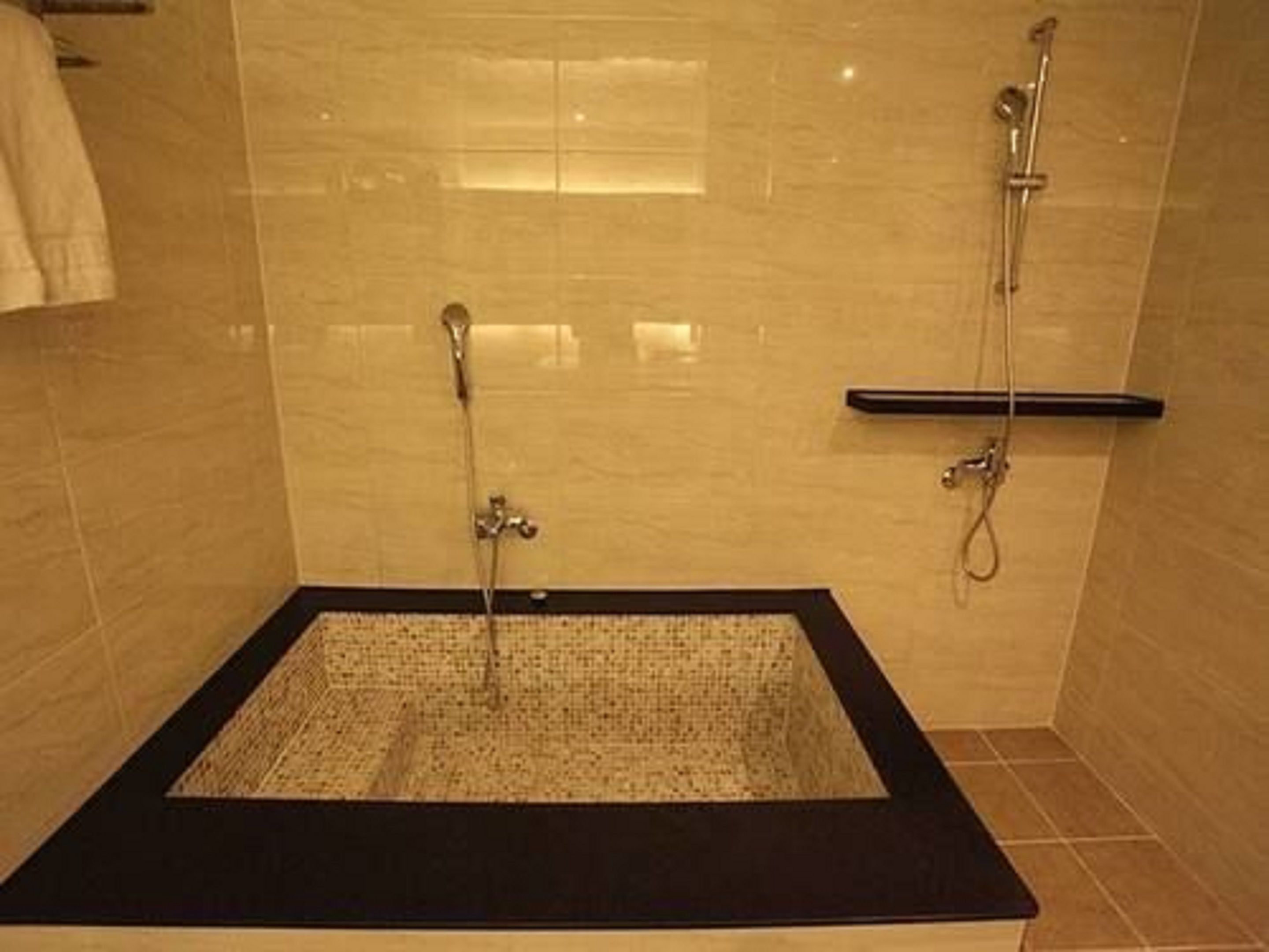 Een moderne badkamer met een inloopdouche, een zwart bad en een douchecel met glazen wanden.