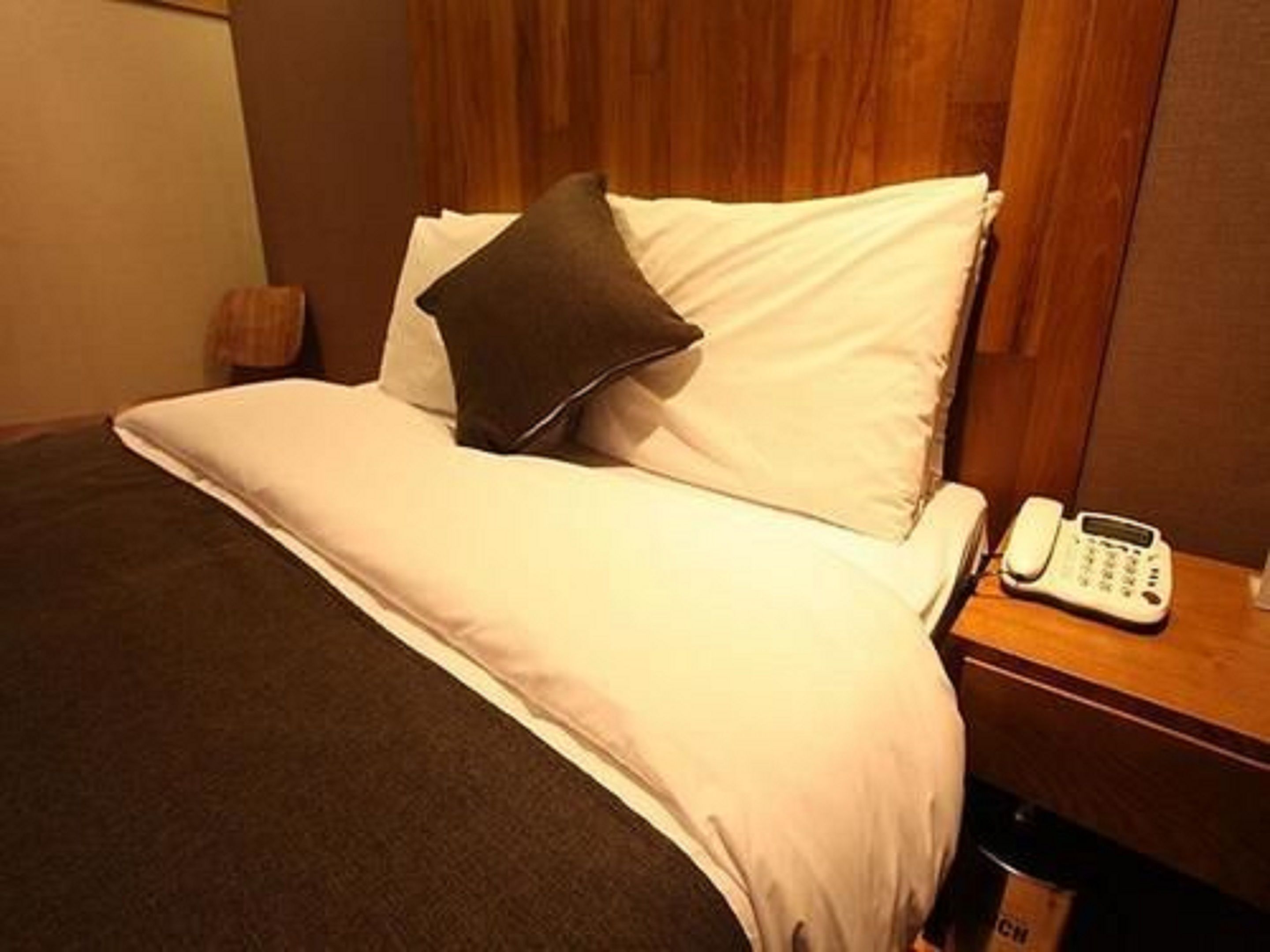 A hotel room with a bed, a bedside telephone, and a wooden headboard.