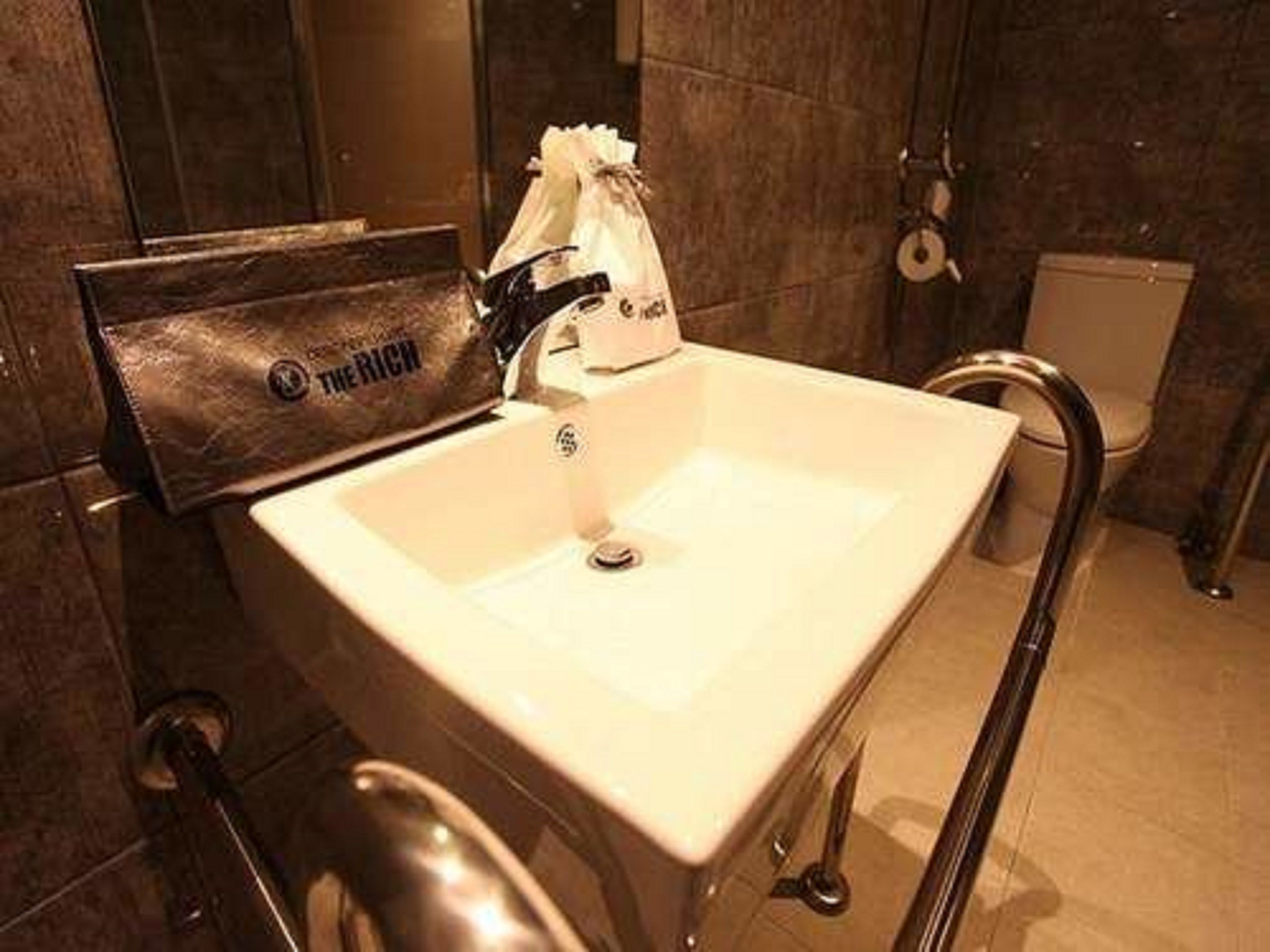Ein Badezimmer mit Waschbecken, Handtuchspender und einer Haltestange.