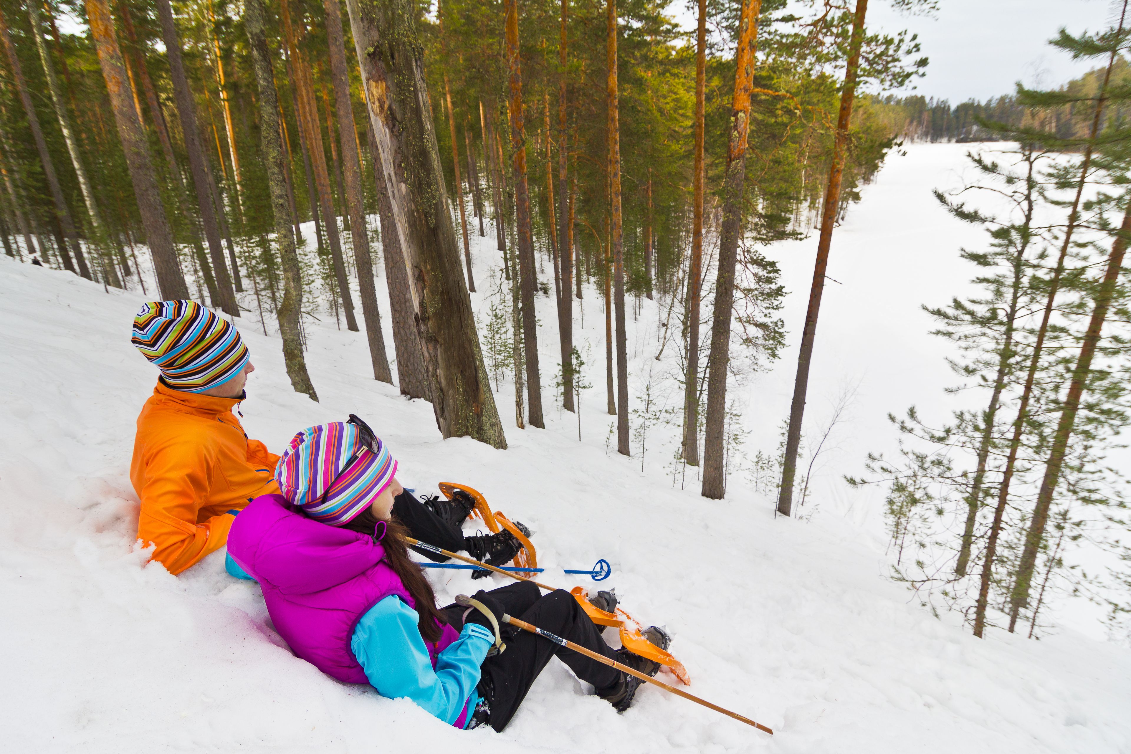 Två personer sitter på den snötäckta marken, omgivna av höga träd.