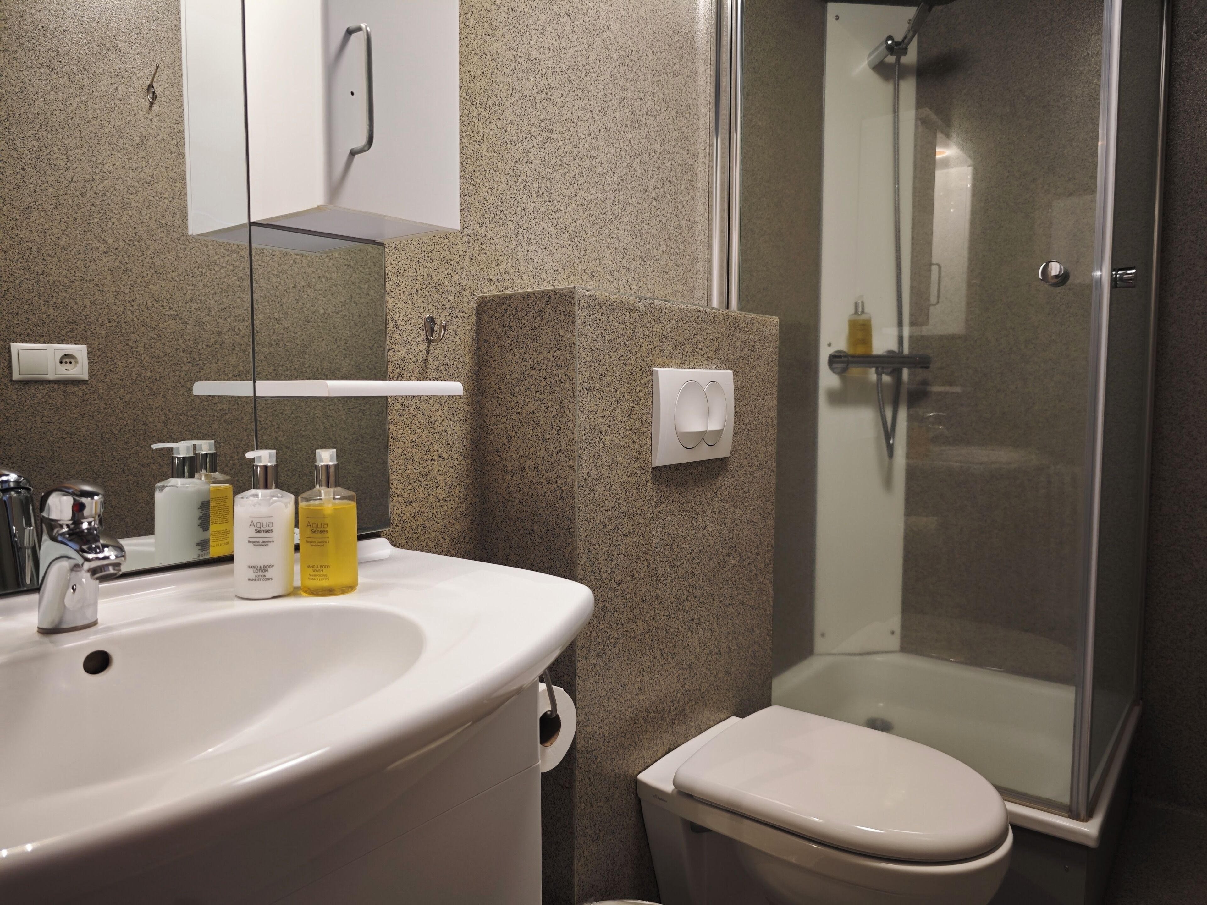 A bathroom with a sink, toilet, and shower.