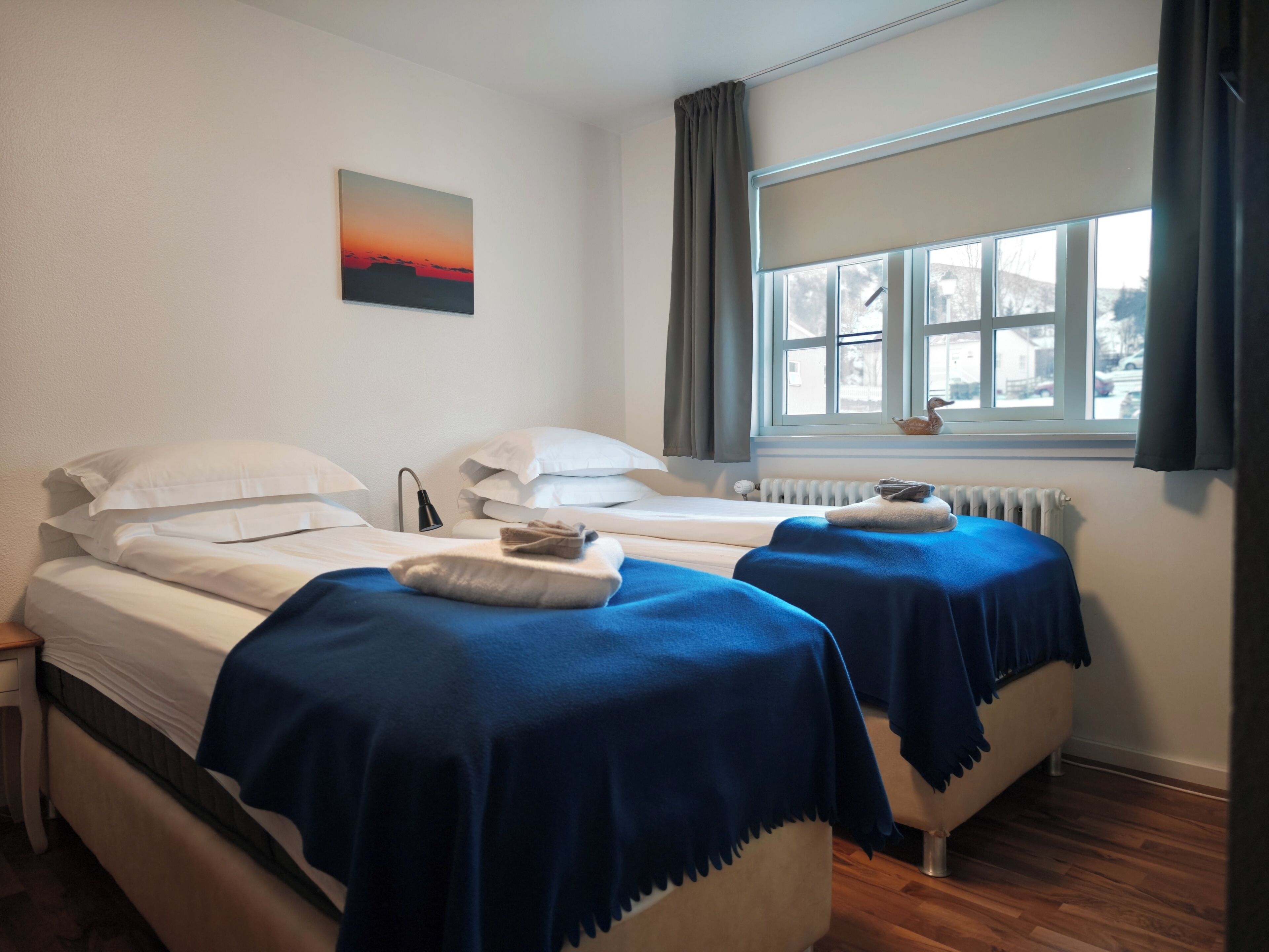 A room with two beds, a radiator, a window with curtains, and a painting on the wall.