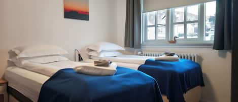 A room with two beds, a radiator, a window with curtains, and a painting on the wall.