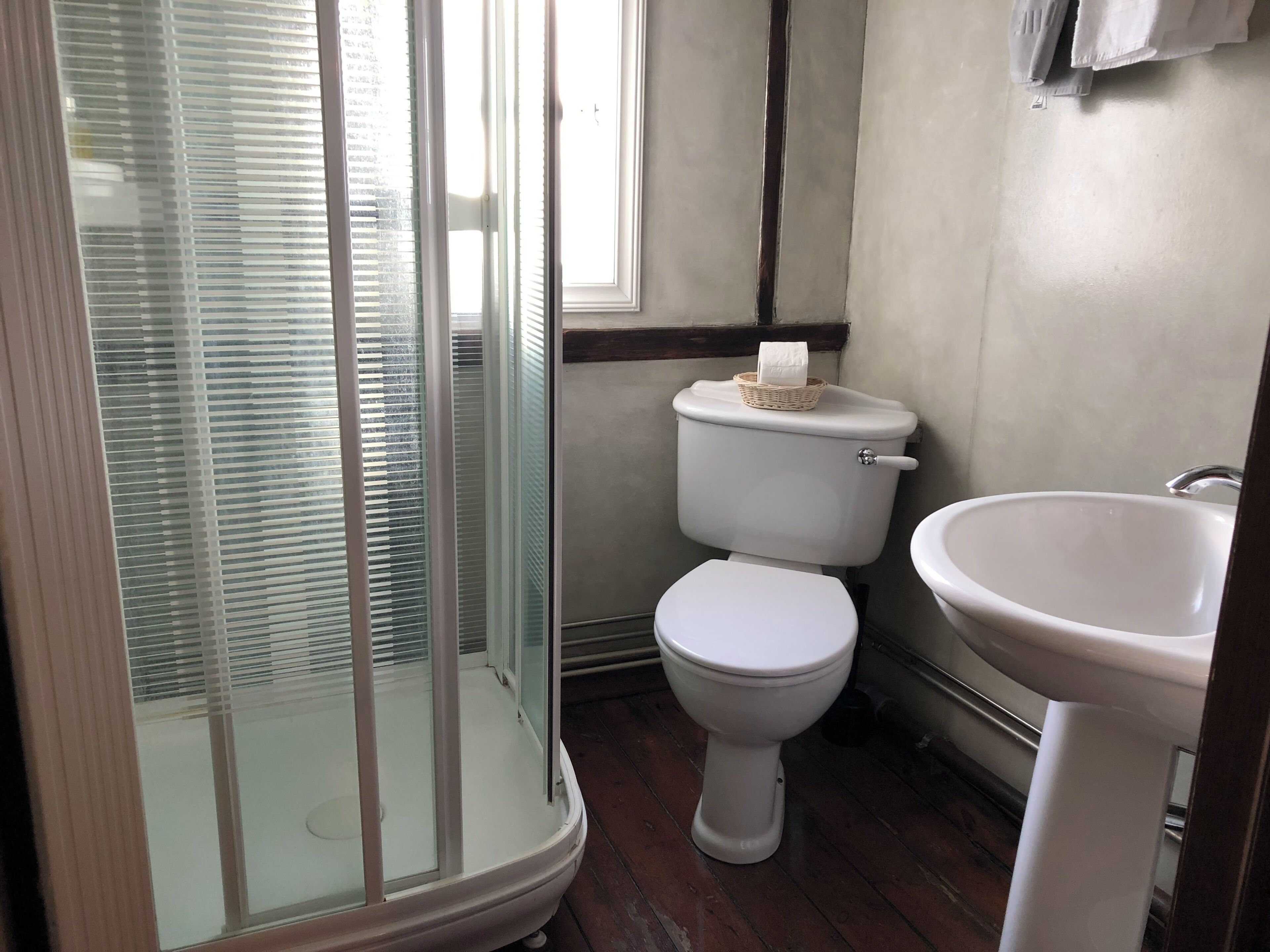 A bathroom with a glass shower enclosure, a toilet, and a sink.