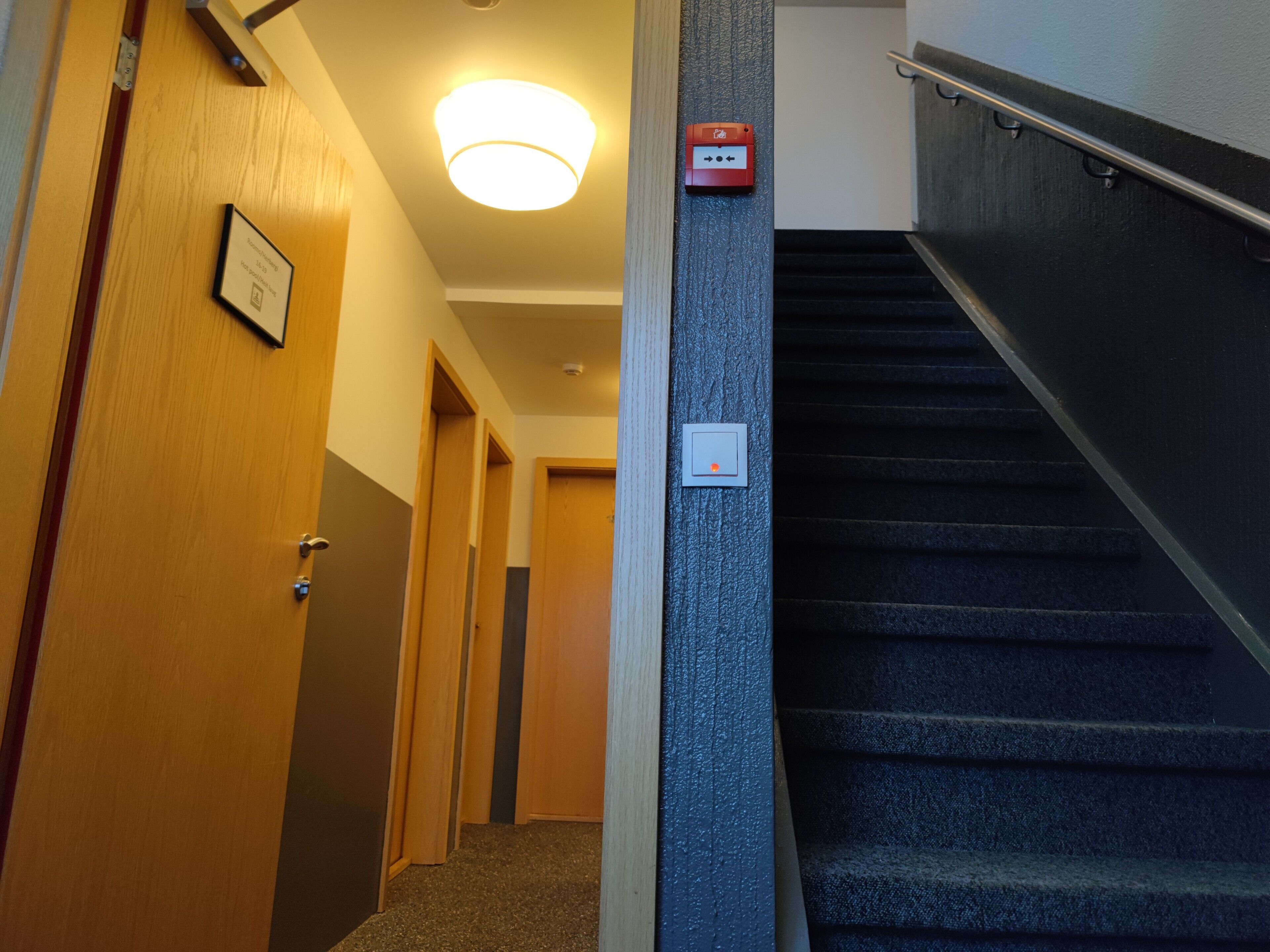 A hallway with a wooden door, a light fixture, a red emergency button, and a staircase.