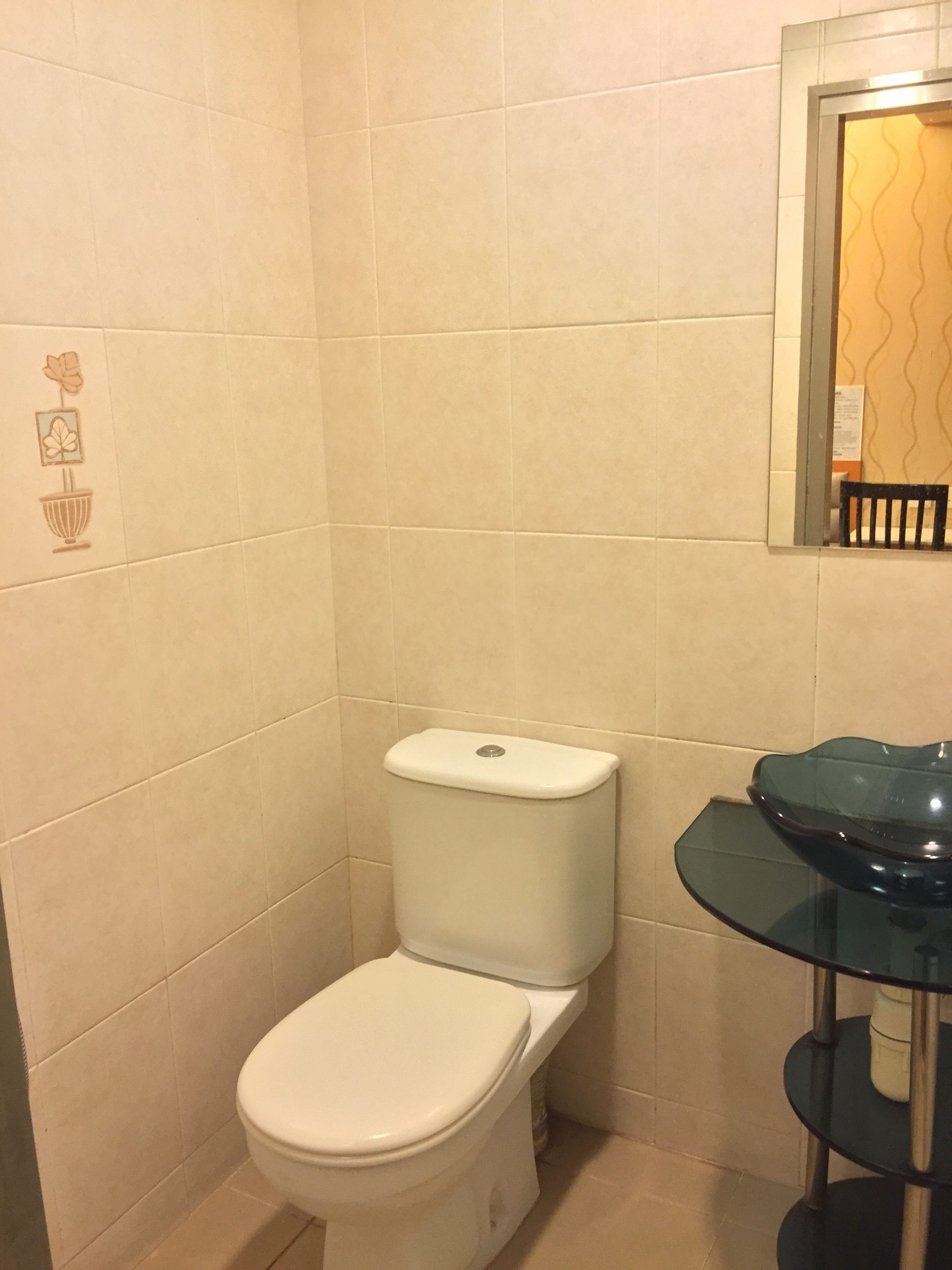 Une salle de bain comprenant des toilettes, un lavabo en verre et un mur recouvert de carreaux avec un motif décoratif.