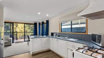 Deluxe Cabin | Private kitchen | Fridge, microwave, stovetop, electric kettle