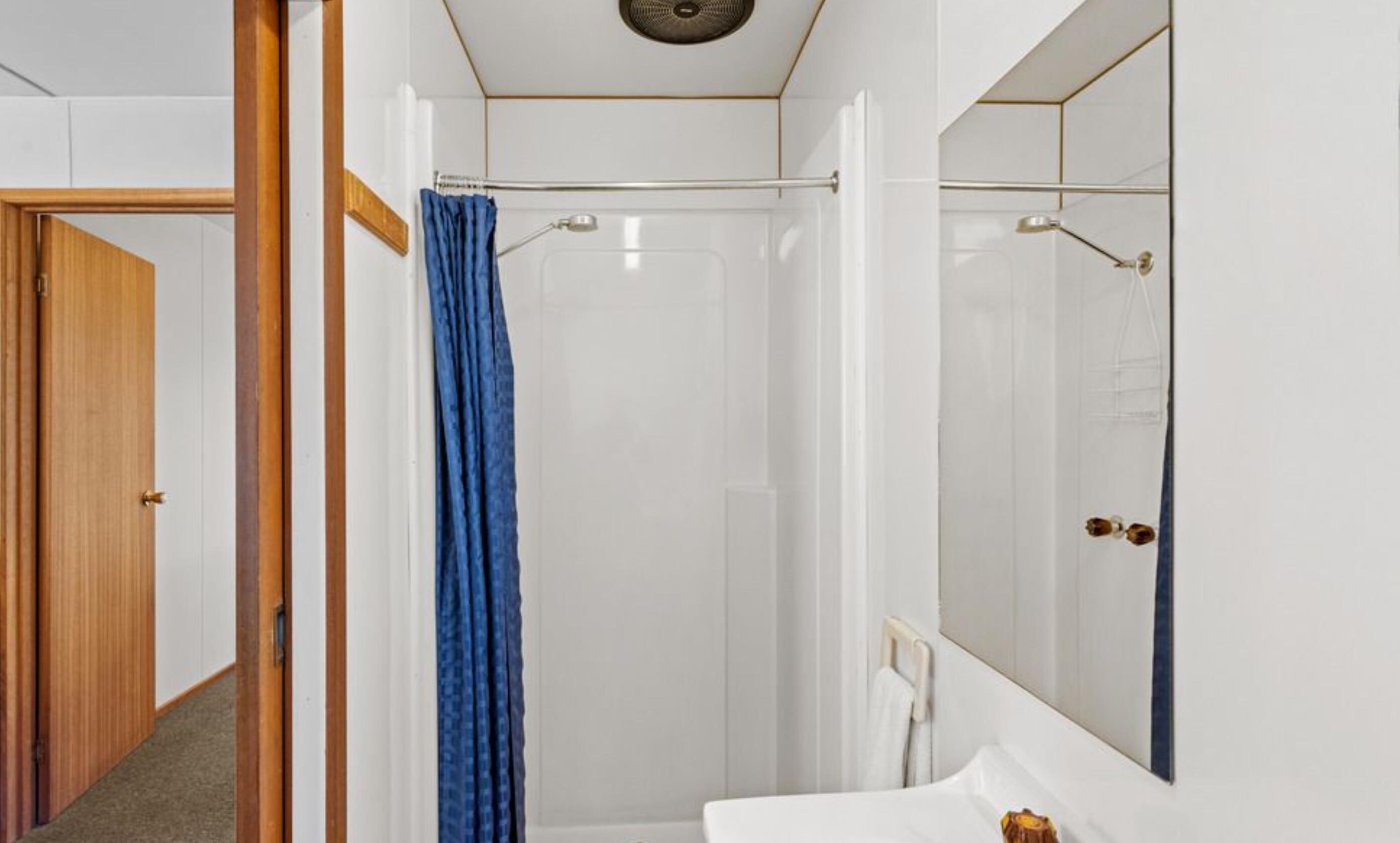 A bathroom with a shower, a mirror, and a door leading to another room.