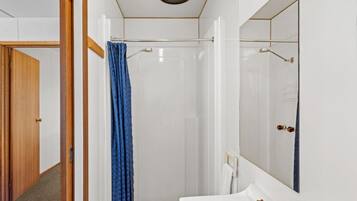 A bathroom with a shower, a mirror, and a door leading to another room.