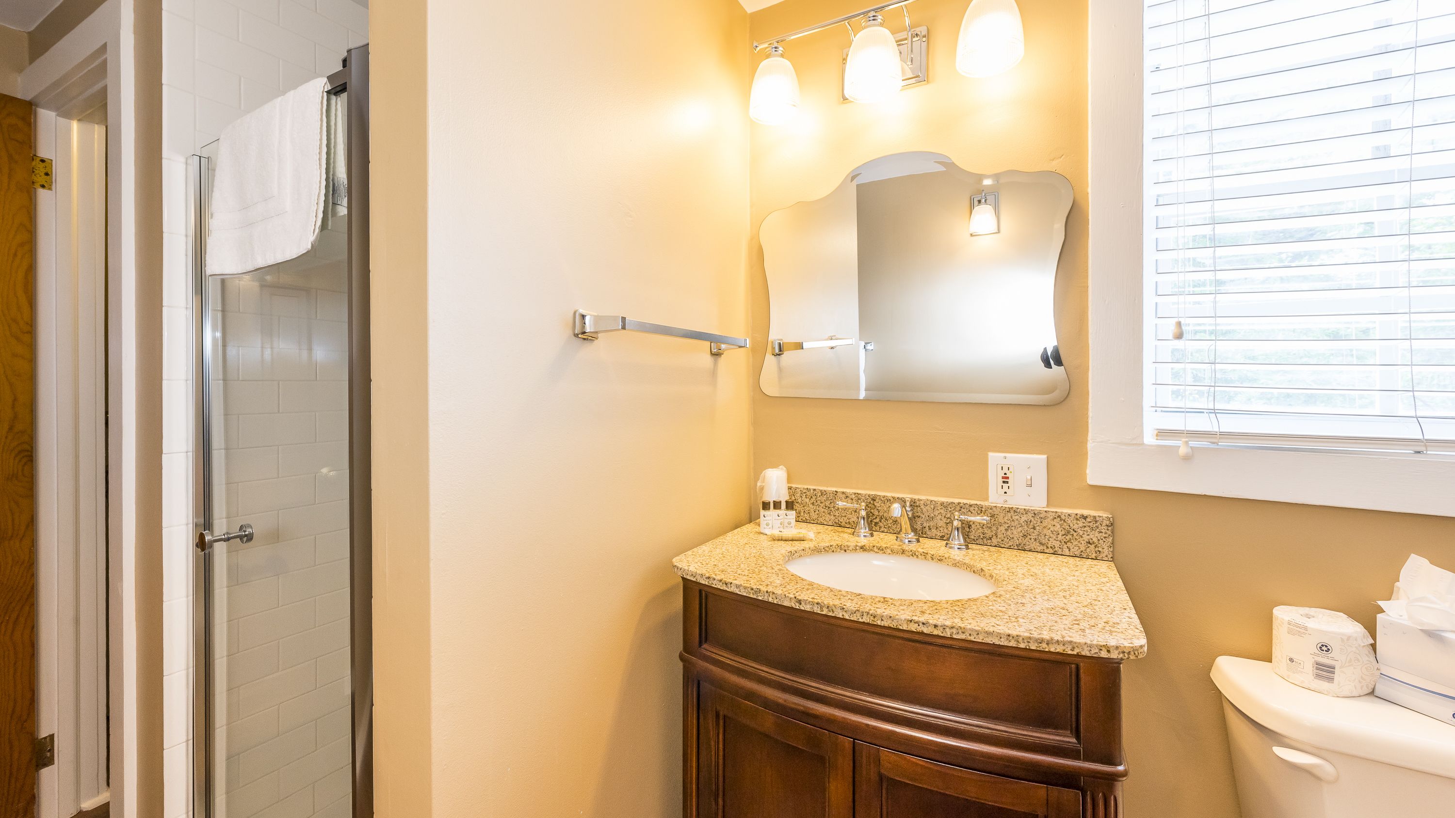 A bathroom with a glass shower enclosure, a sink with a granite countertop, a mirror, and a toilet.
